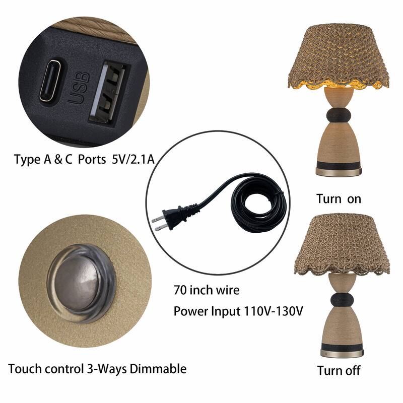 Flora 24" Rattan Table Lamp with USB 3-Way Touch Dimmer