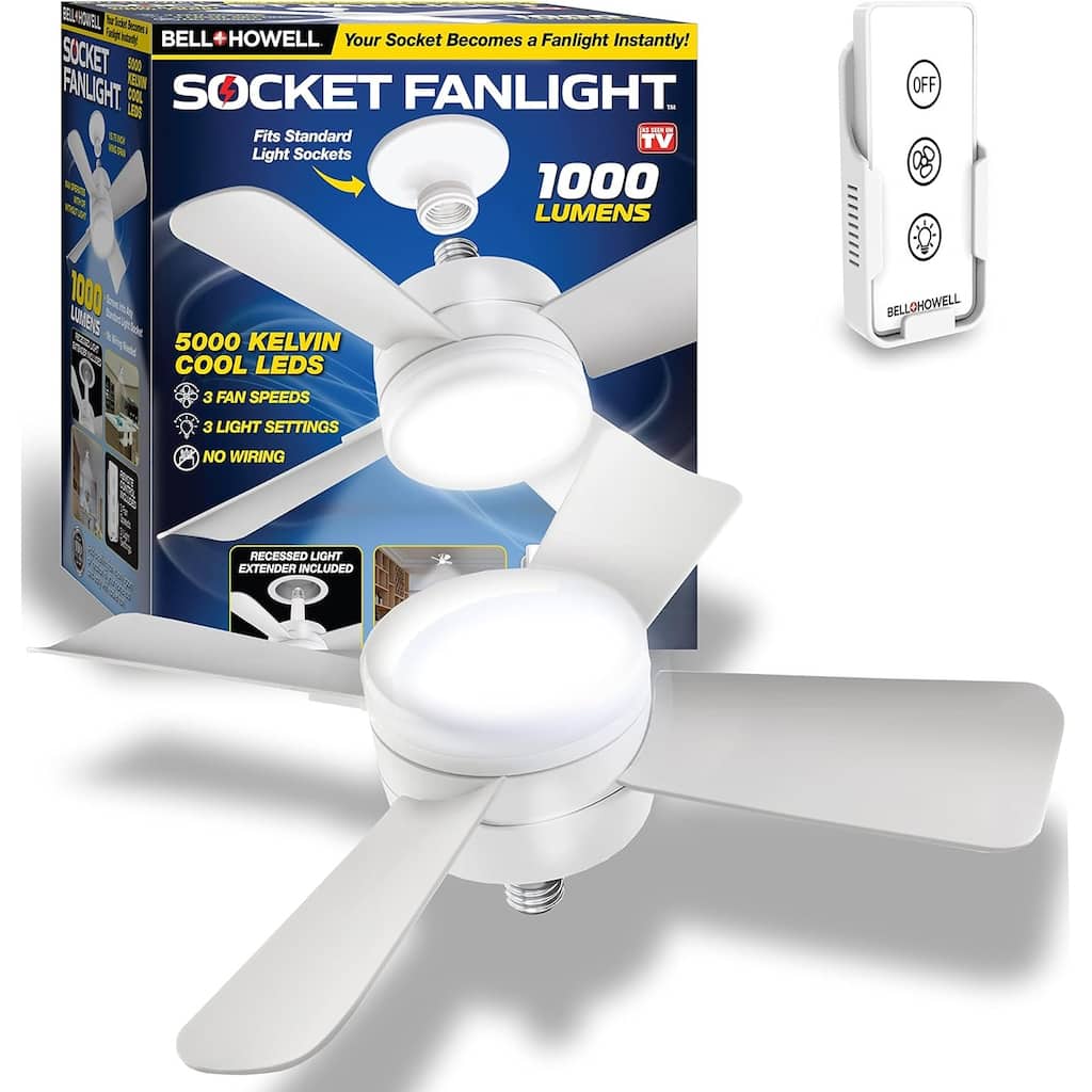Bell + Howell Socket Fan Ceiling with Light, Screw into Any Light Socket, with Remote Control