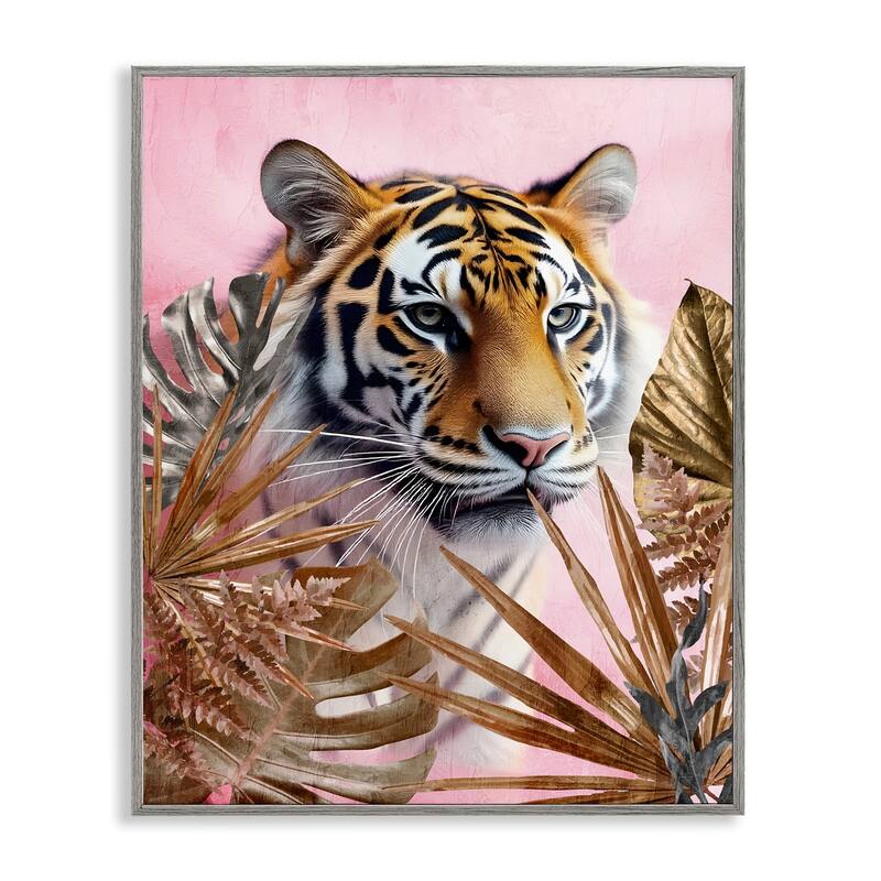 Stupell Exotic Tiger with Gold Leaves Framed Giclee Art Design By Kim Allen - 24 x 30 - Grey