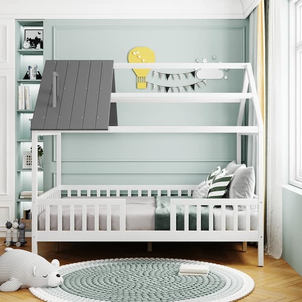 slide 2 of 35, Full Size Wood House Bed with Fence, White+Gray