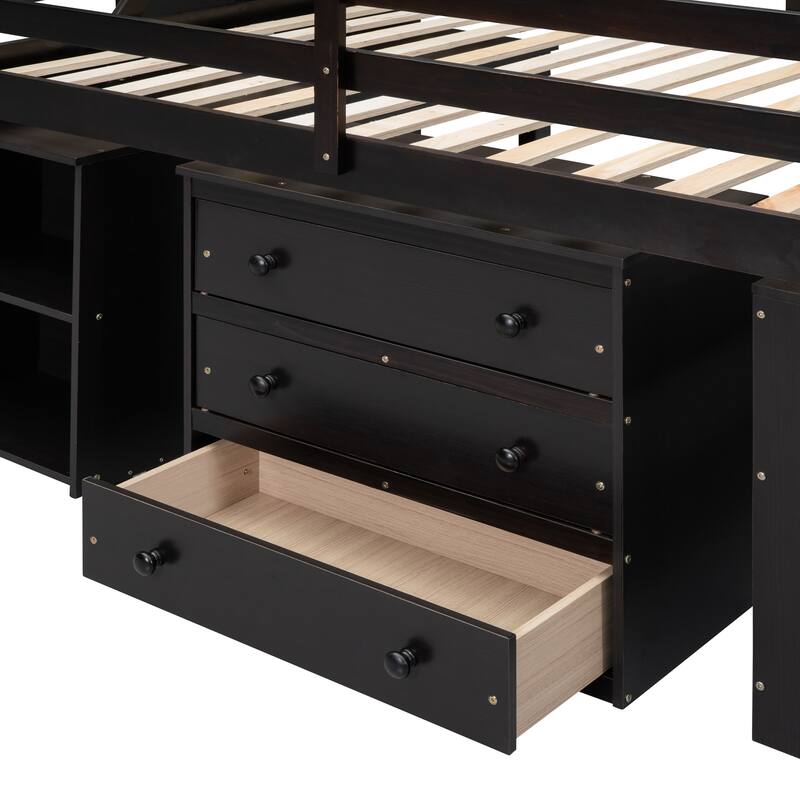 Loft Bed with Retractable Desk Drawers Shelf Staircase Full Size