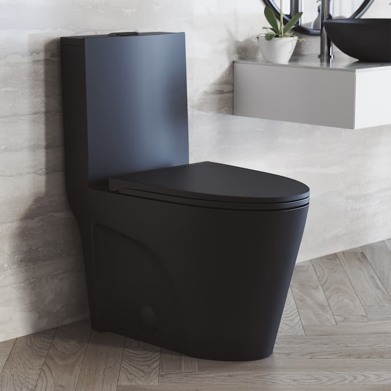 Angers One Piece Elongated Toilet Dual Vortex Flush In Matte Black, Black Hardware 1.1/1.6 Gpf - 27" x 15.15" 31.2"