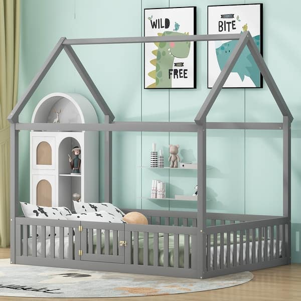 slide 2 of 24, Full Size House Bed with Fence, Door, and Distressed Finish - Durable Pine Wood, Grey Grey
