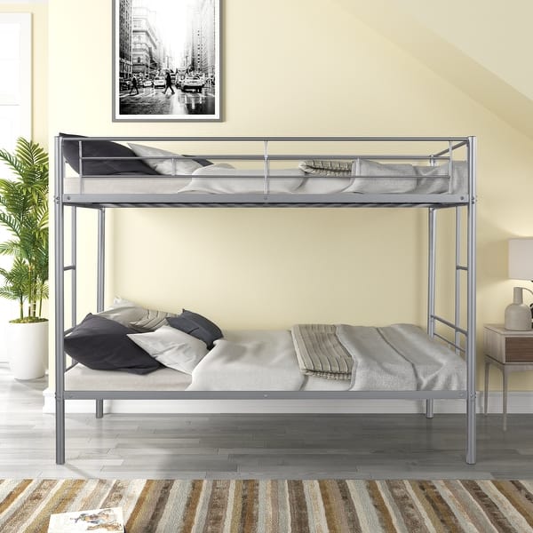 slide 2 of 29, Modern Twin over Twin Bunk Bed with Heavy-duty Sturdy Metal, Safety Guardrail and 2 Side Ladders, Noise Reduced, Silver Silver
