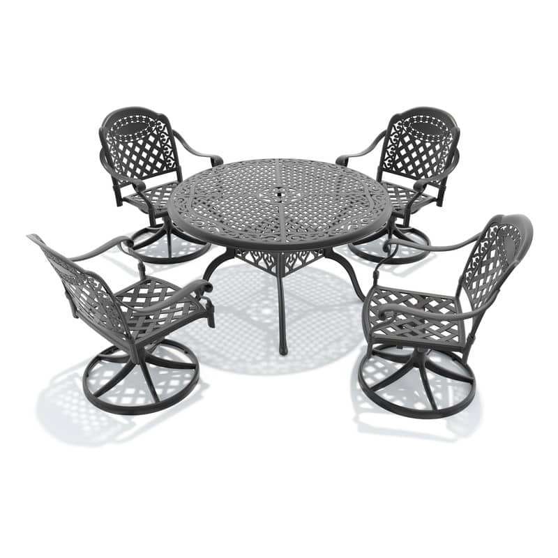 5-Piece Aluminum Round Outdoor Patio Dining Set, 4 Cushioned Swivel Chairs, Table, All-Weather Frames