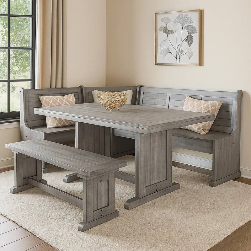 Zeka 4pc Breakfast Nook Dining with Storage Bench Set, Gray Mahogany Wood