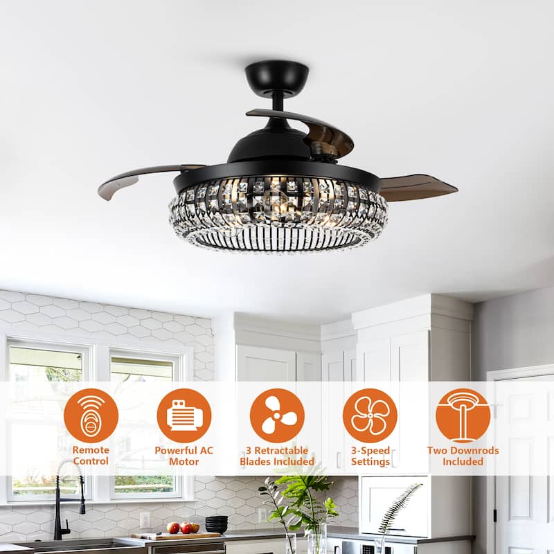 42" Modern Black 3-Light Crystal Ceiling Fan Chandelier with Remote