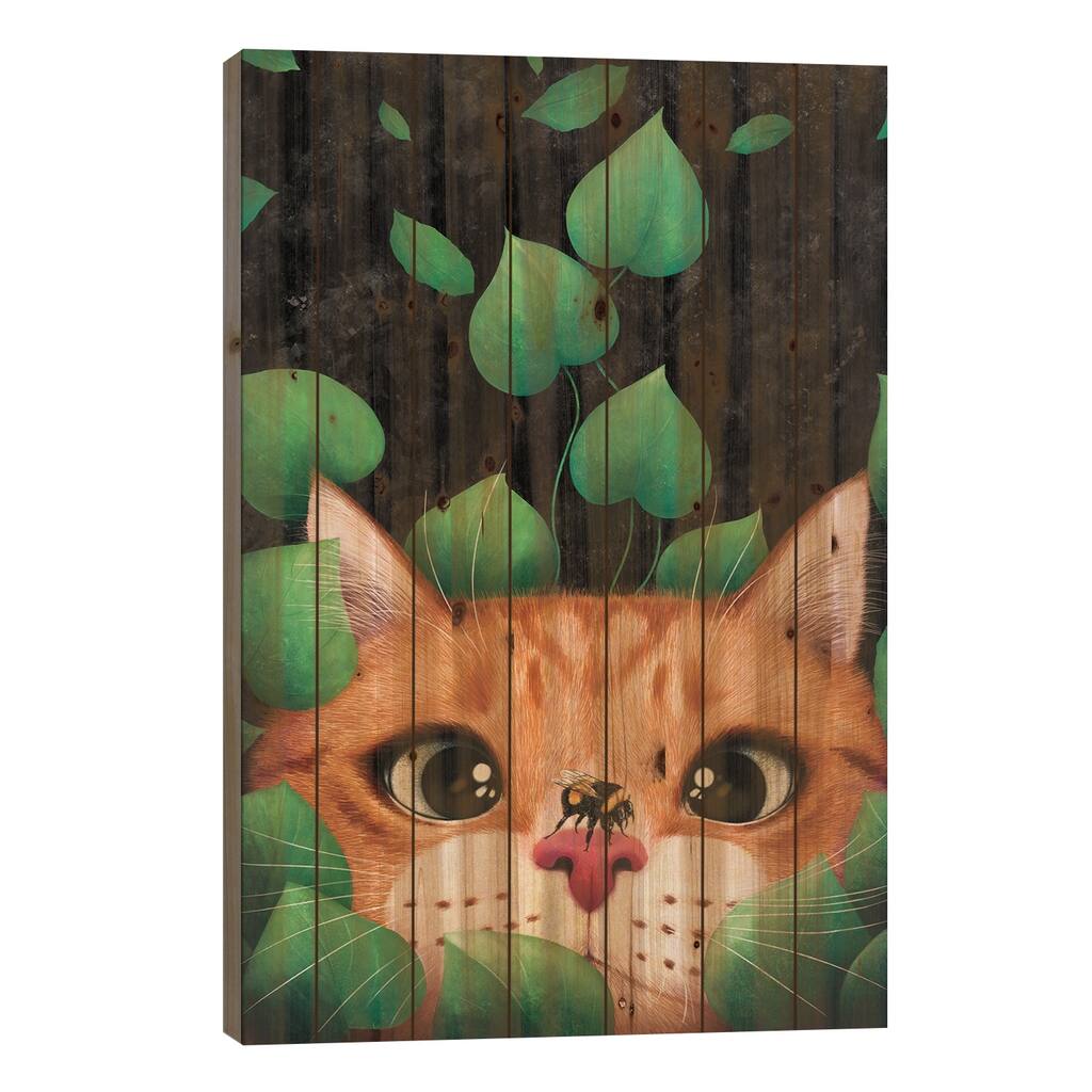Cat In The Leaves Print On Wood by Valeriya Korenkova - Multi-Color