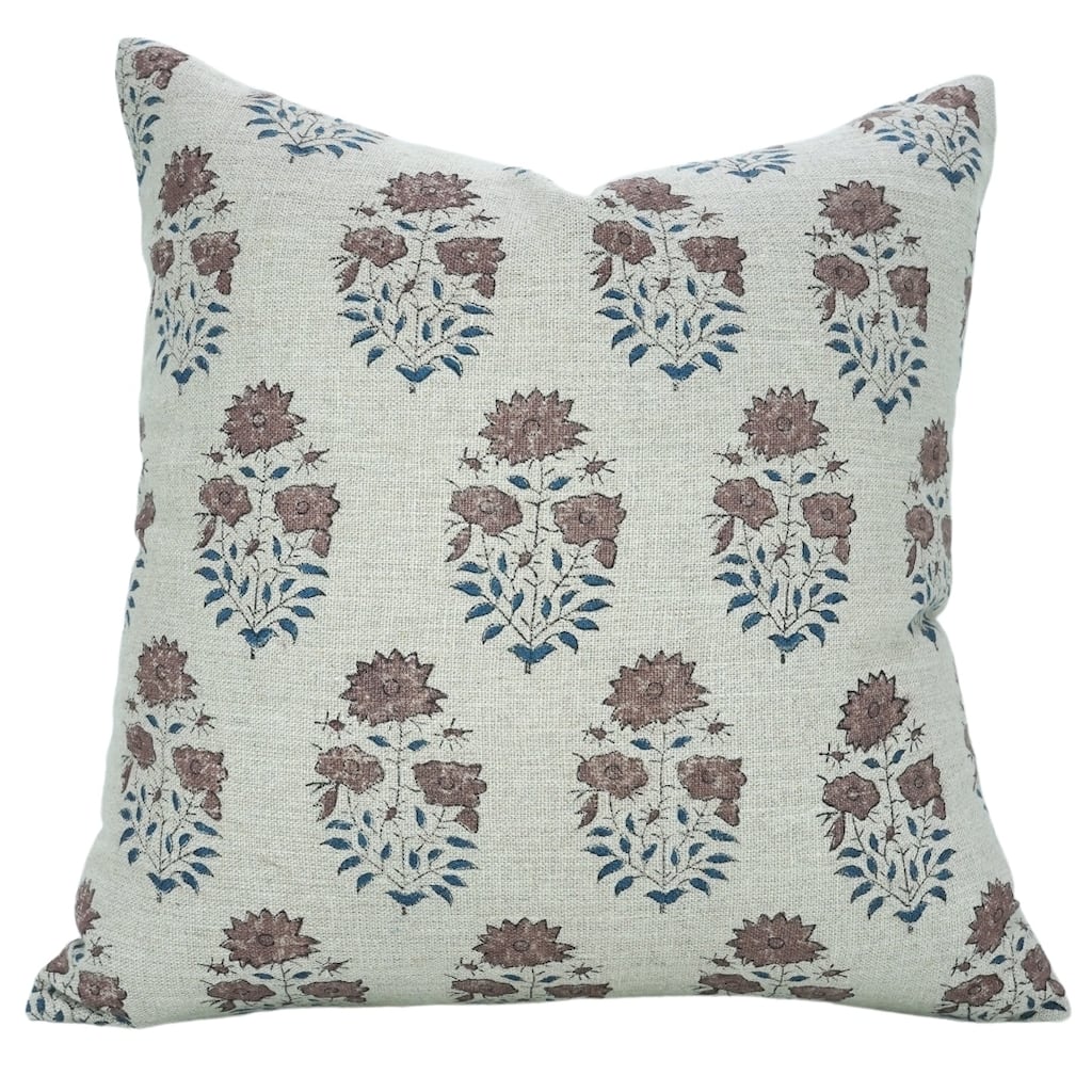 Fabdivine Heavy Linen Farmhouse Cushion Cover for Bed, Sofa or Dining Chair, Purple Pillowcase Hand Block Floral Print, Mayra