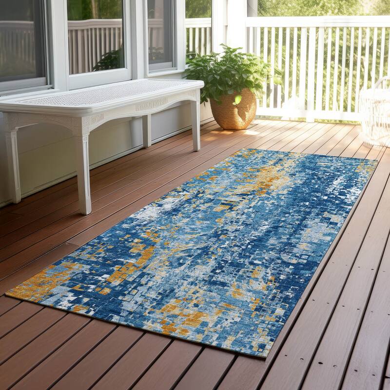 Machine Washable Indoor/ Outdoor Abstract Pixels Chantille Rug - Navy - 2'3" x 7'6"