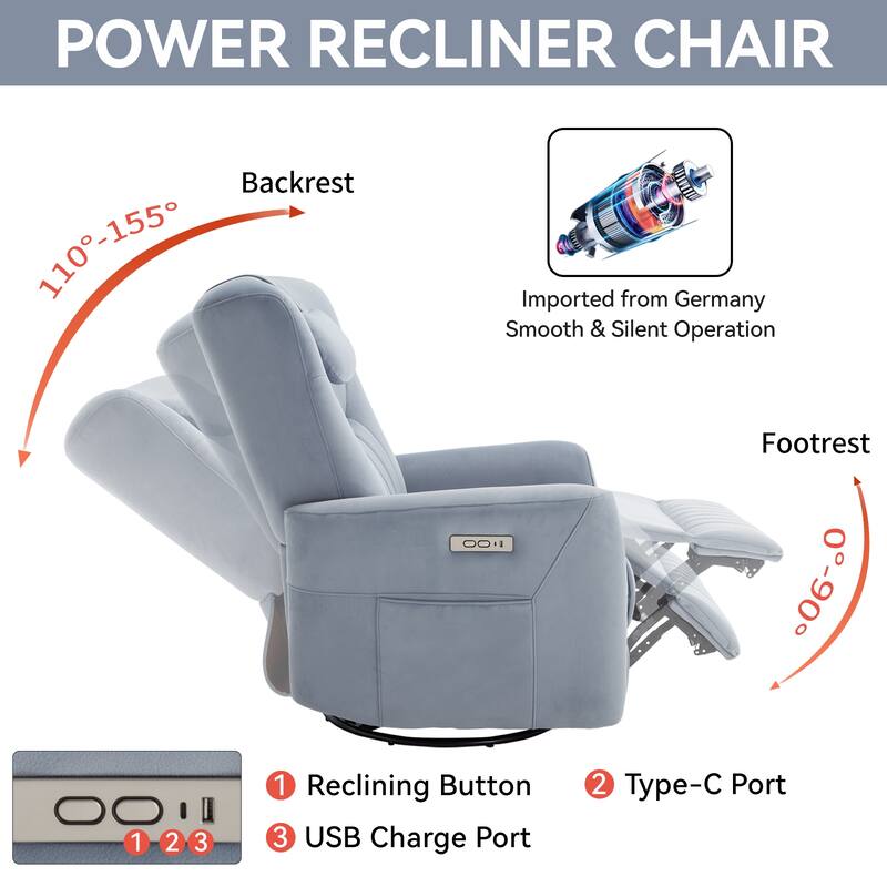 Ergonomic Swivel and Rocker Power Recliner Chair for Elderly, Lving Room Single Sofa w/Lumbar & Neck Support Pillow & USB Ports