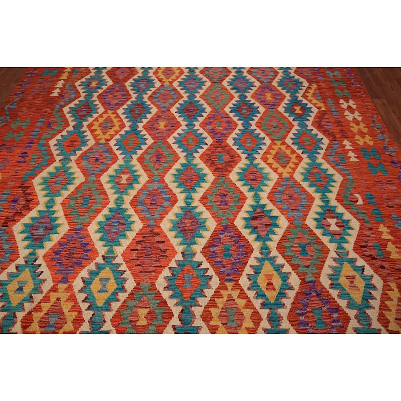 Geometric Kilim Oriental Area Rug Flatweave Reversible Wool Carpet - 8'4" x 9'10"