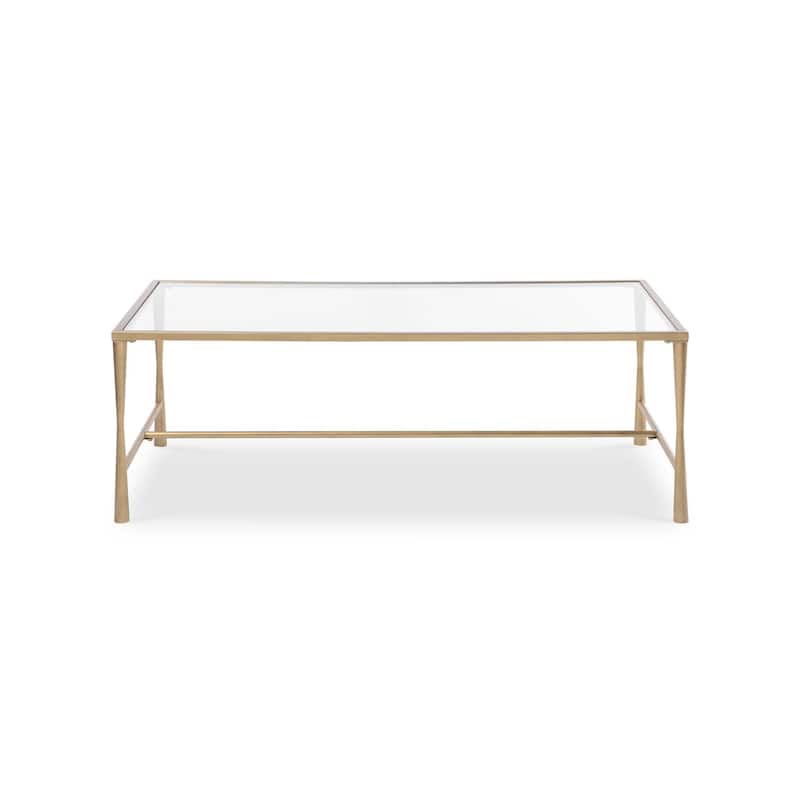Ova Coffee Table, 47 Inch Rectangular Glass Top, Antique Gold Iron