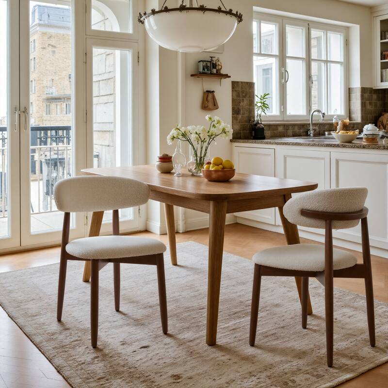 Art Leon Set of 2 Upholstered Accent Dining Chairs with Solid Wood Frame - Boucle Fabric - Off White