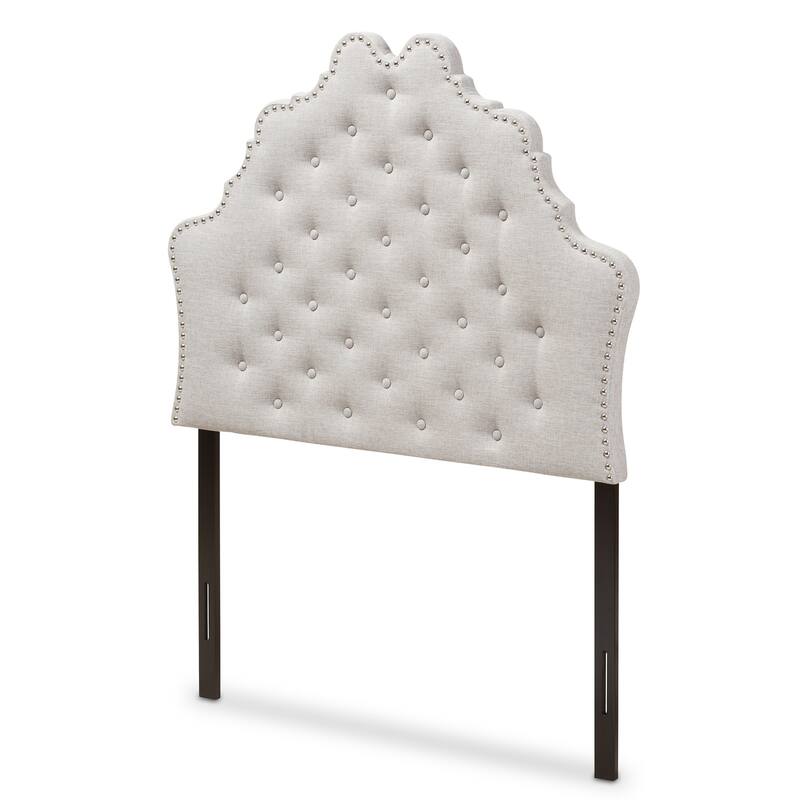 Modern Greyish Beige Fabric Twin Size Headboard with Button Tufting, Padded Upholstery, Adjustable Wood Posts
