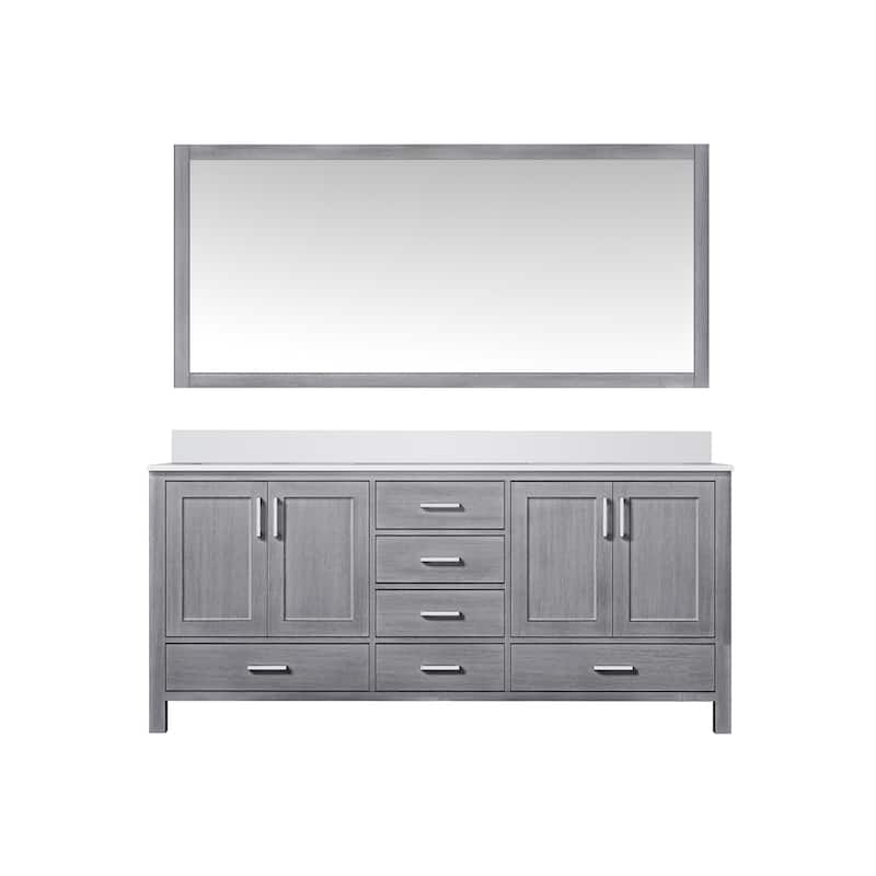 Jacques 72 in. W x 22 in. D Distressed Grey Double Bath Vanity, White Quartz Top, and 70 in. Mirror
