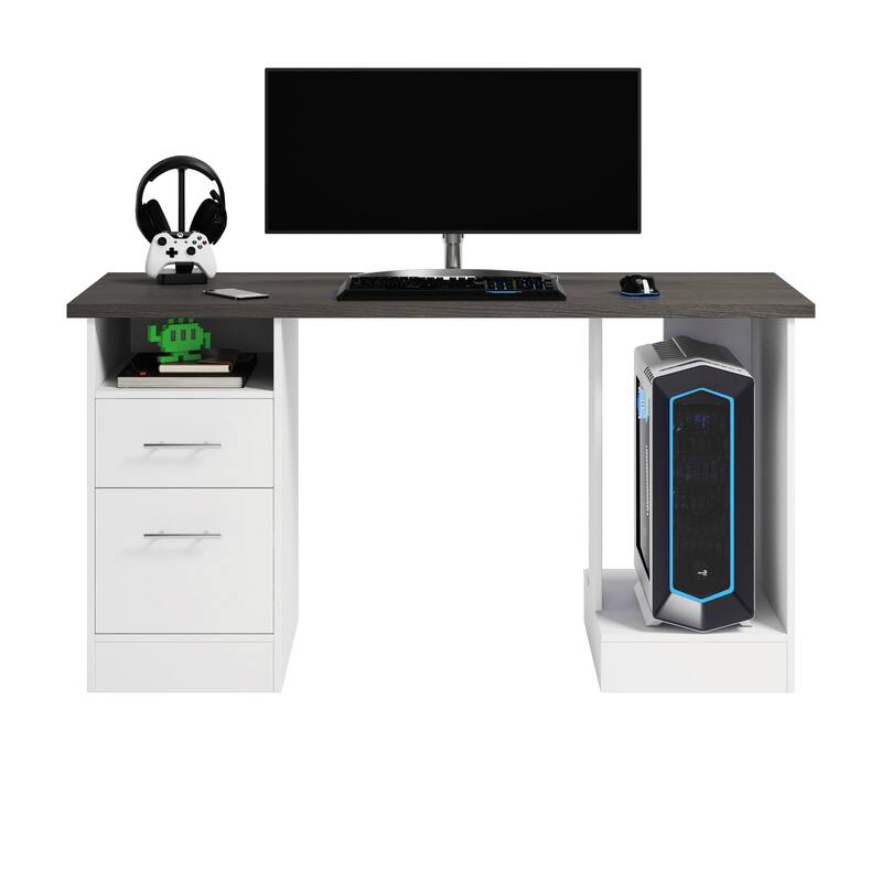Engineered Wood Traditional Gaming Desk with 2 Drawers, White