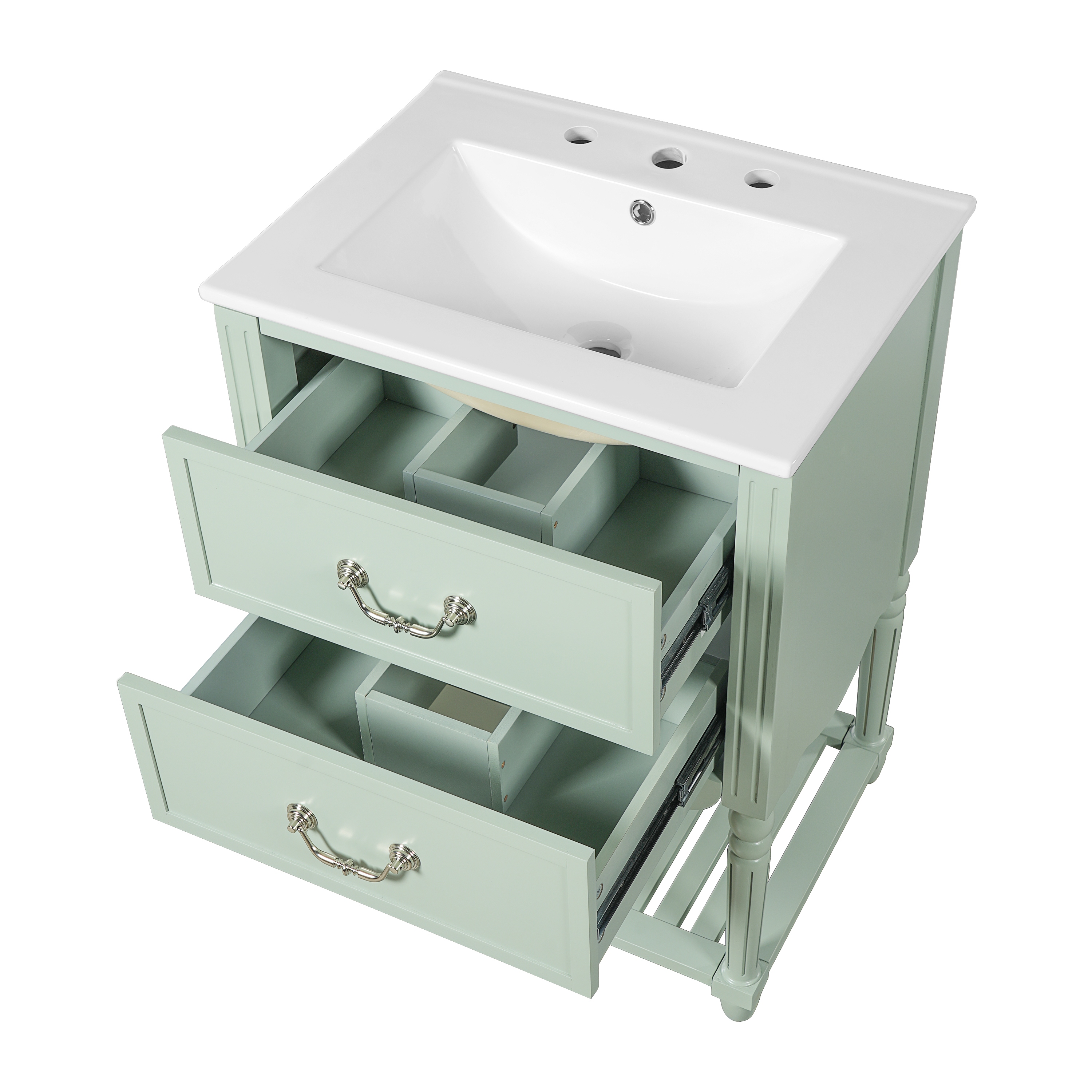 24" Bathroom Vanity with Ceramic Sink, Vintage Wave Design Cabinet with 2 Drawers and Open Shelf