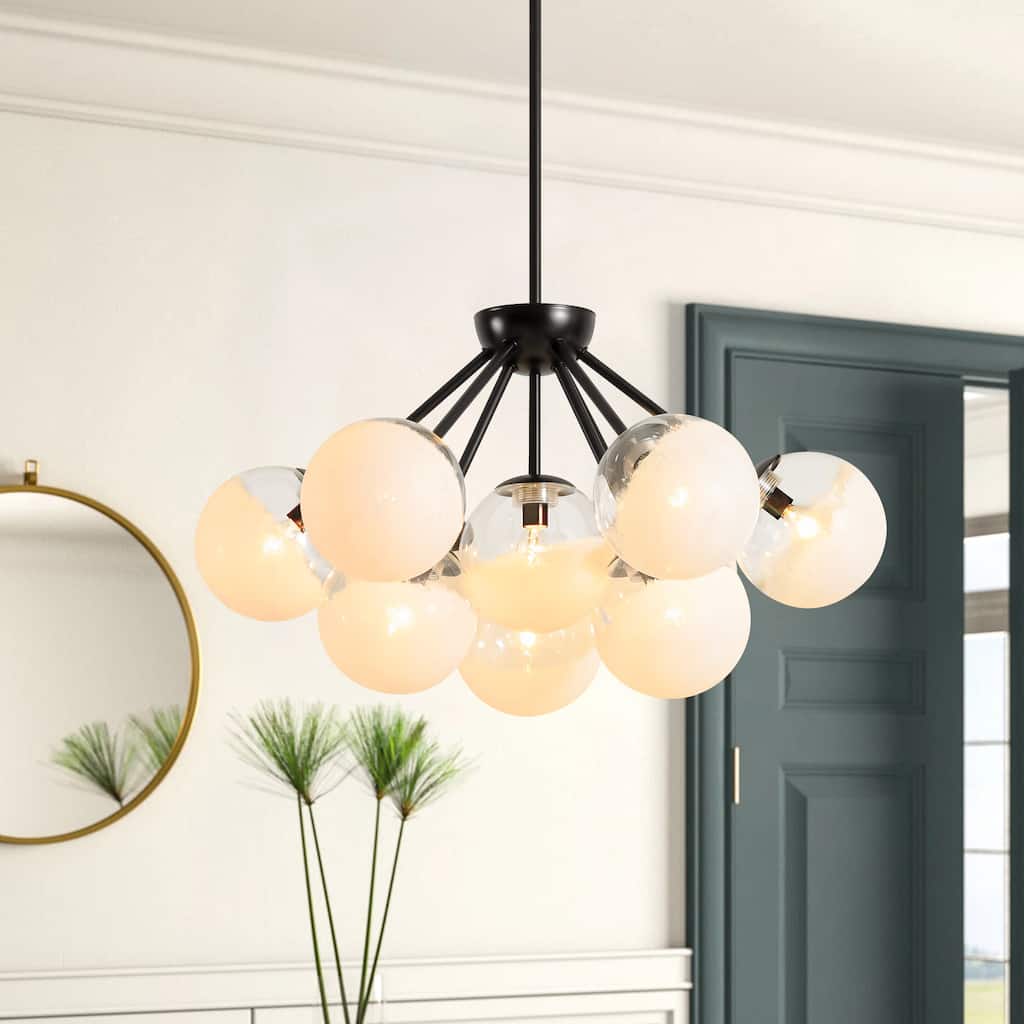 10-Light Modern Black/Gold Metal Sputnik Chandelier for Dining/Living Room with White Cluster Glass Globe Shade