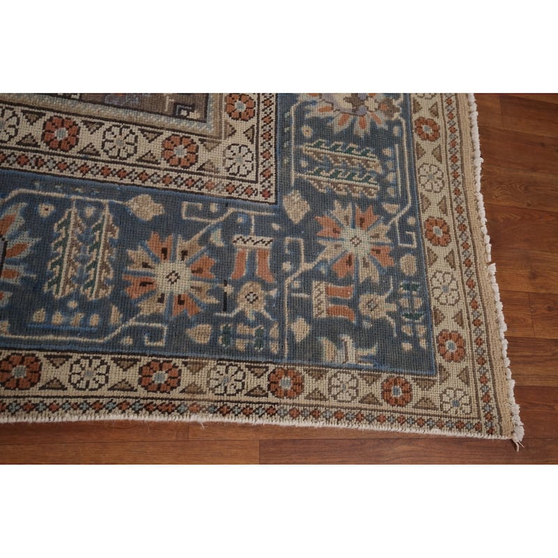 Blue Geometric Tabriz Persian Vintage Rug Hand-Knotted Wool Carpet - 9'6" x 13'1"