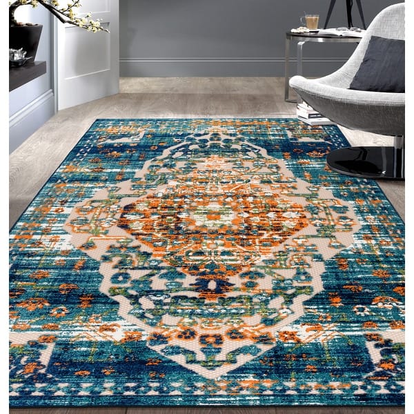 World Rug Gallery Bohemian Border Indoor/Outdoor Area Rug - Blue 7'10 x 10