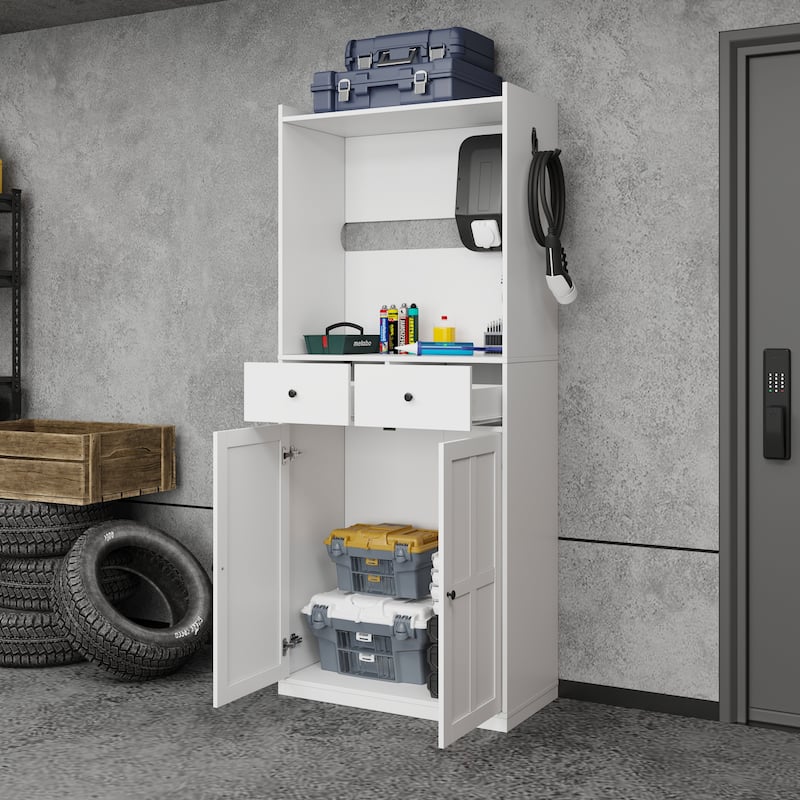 74" Garage Storage Cabinet with EV Charger Stand, Freestanding Charging Station Organizer with Hooks, 2 Drawers & 2 Doors