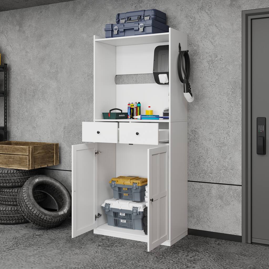 74" Garage Storage Cabinet with EV Charger Stand, Freestanding Charging Station Organizer with Hooks, 2 Drawers & 2 Doors