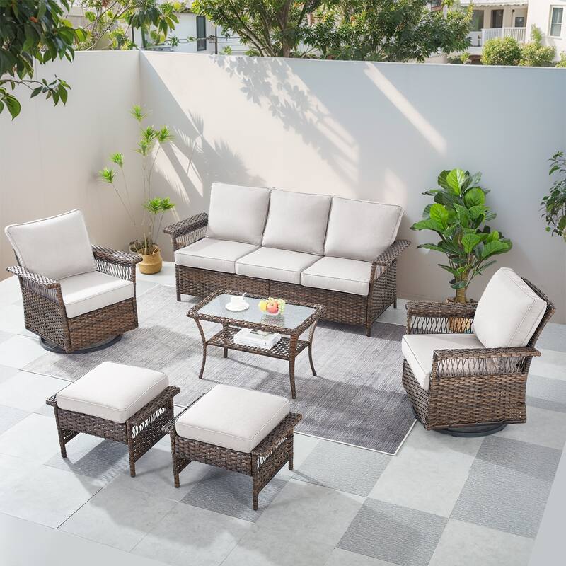 Gymojoy Outdoor Rattan Sofa Ottomans, Rokicng Chair, Coffee Table - Brown - Beige