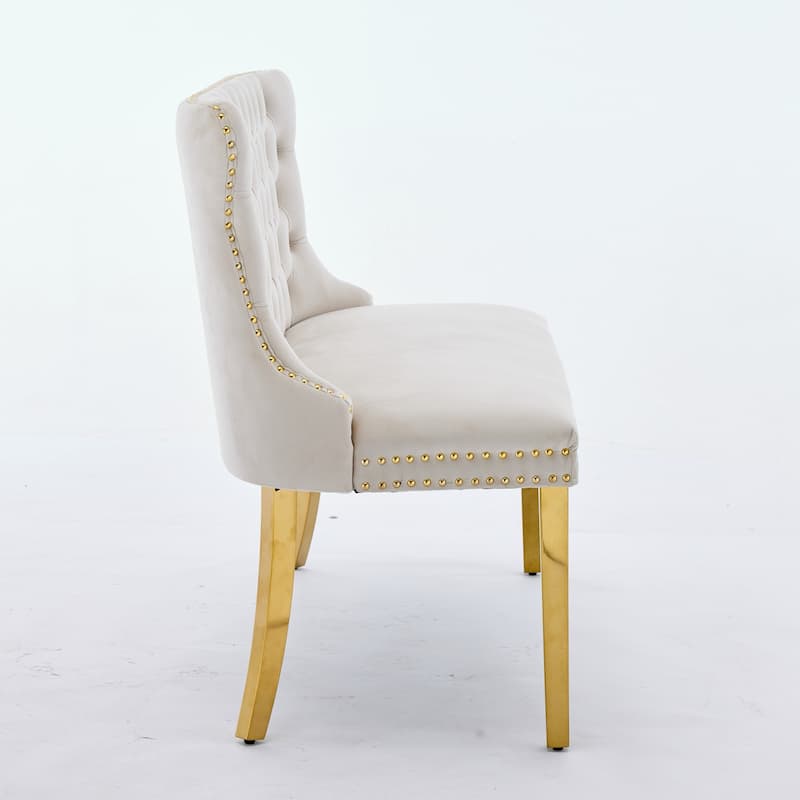Velvet Double Dining Loveseat Bench, 2-Seat Tufted Bench w/Handmade Buttons, Wing Back, Gold-Plated Steel Legs, Single Pack