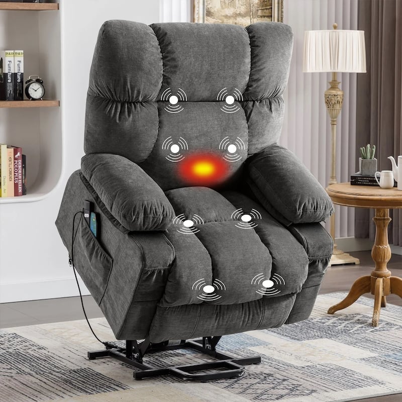 Blue Power Lift Recliner with Heat, Massage, USB Charging, Side Pockets, and Remote Control for Convenience