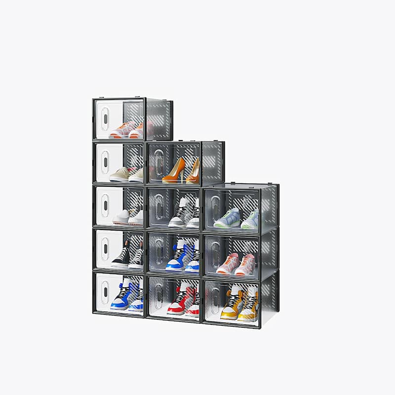 12 Pieces Black Plastic Stackable Shoe Boxes for Home and Dorm Storage Organizer - 36 x 28 x 21 cm