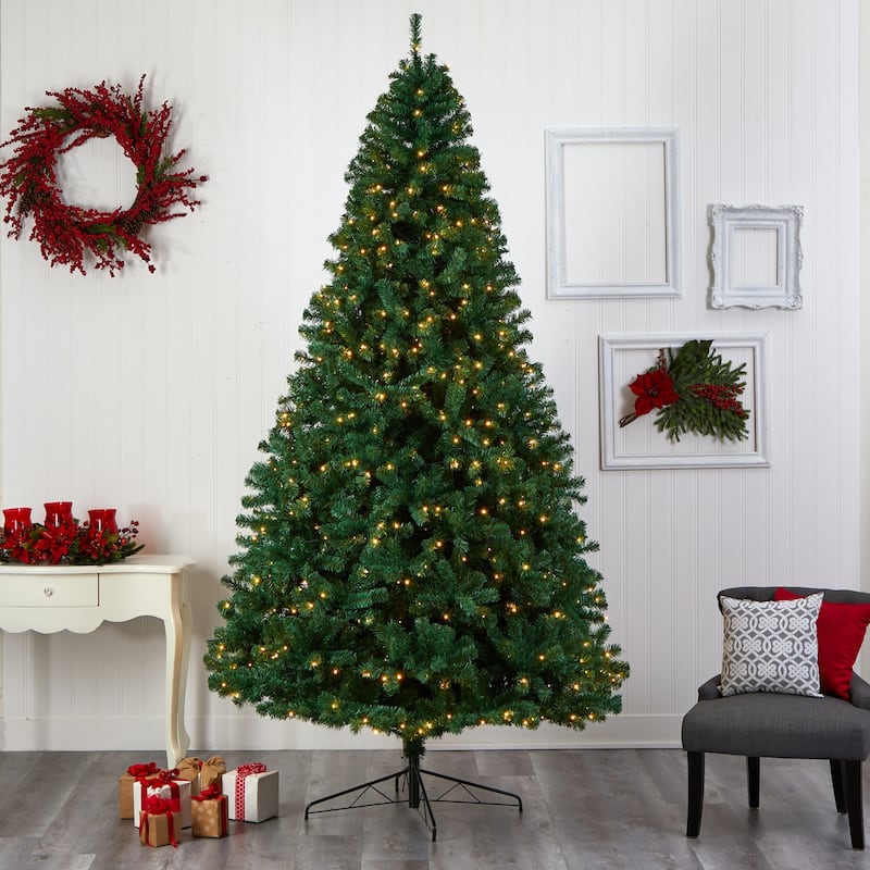 9ft. Slim Artificial Christmas Tree with 650 Clear LED Lights and 1860 Branches - Tall Elegant Holiday X-Mas Centerpiece