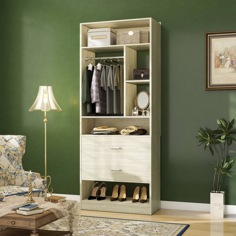 Kyrvo Freestanding 24" Closet System with 2 Wood Drawers,2FT Heavy Duty Walk-in Closet Organizer with 6 Shelves & Hanging Rod