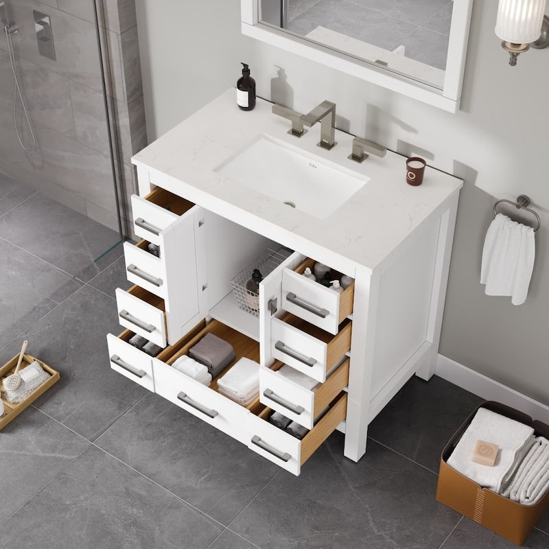 Eviva Hampton 36"W x 22"D Bath Vanity with White Carrara Quartz Top