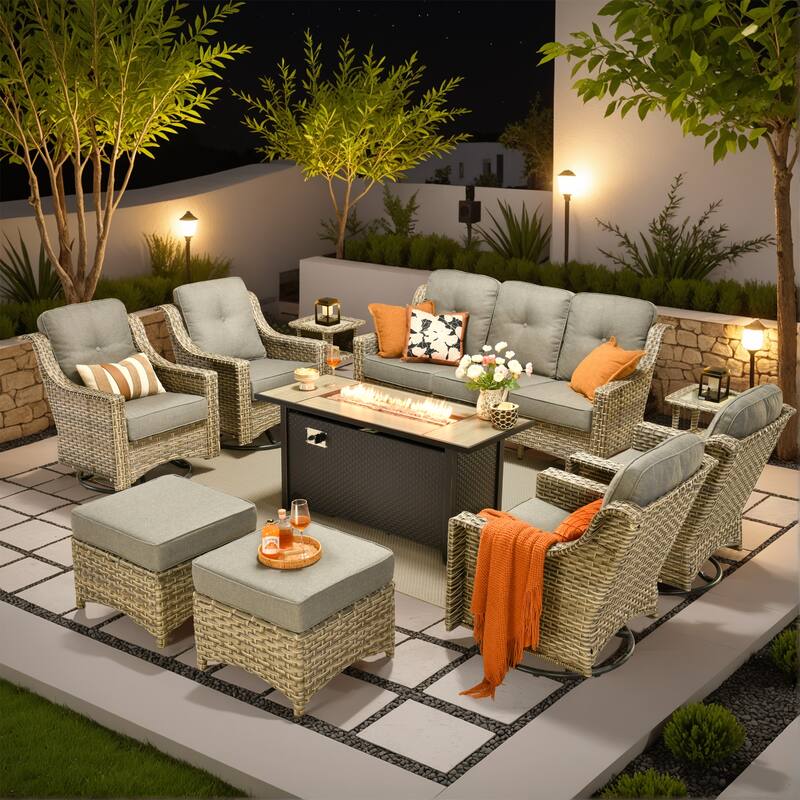 OVIOS 10-piece Patio Wicker Swivel Rocking Chair Set With Fire Pit - Deep Grey