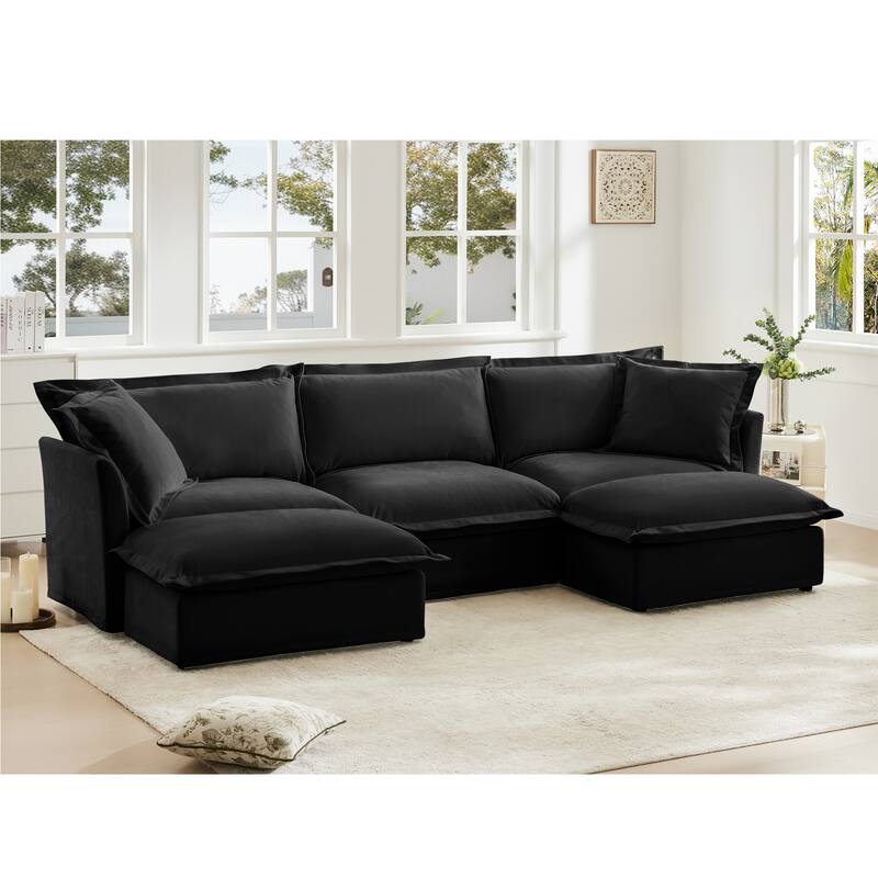 3-Seater Slipcovered U-Shape Sectional Deep Seat Sofa Couch with 2 Ottomans