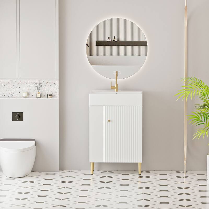 Compact White Bathroom Vanity with Ceramic Sink, Soft-Closing Cabinet, and Brushed Copper Accents for Small Spaces