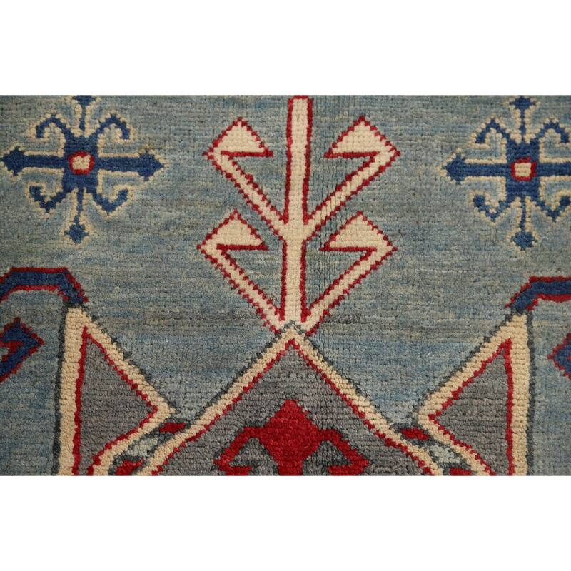 Light Blue Geometric Kazak Accent Rug Handmade Wool Carpet - 3'3" x 4'11"