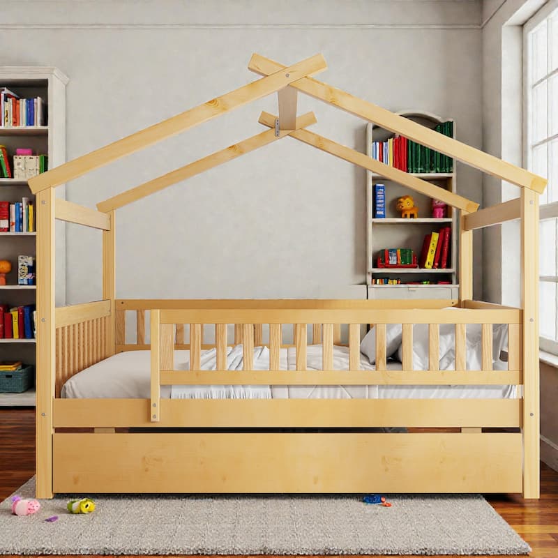Twin/Full Wooden House Bed with Twin Trundle, Kids Platform Bed Frame with Roof Design, Solid Pine Wood