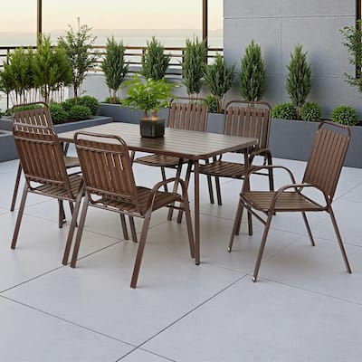 7-Piece Outdoor Patio Dining Set with 55" Steel Rectangular Table and 6 Armchairs