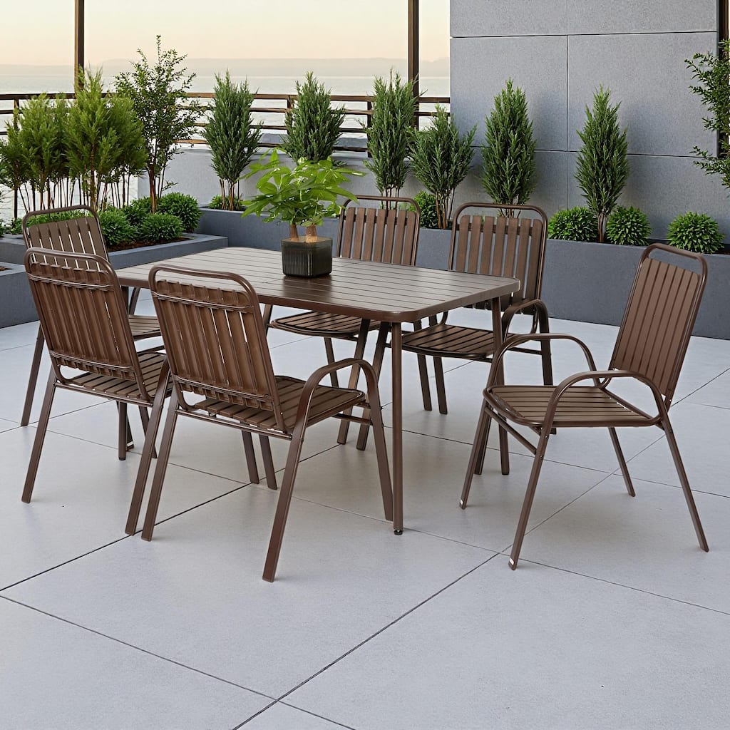 7-Piece Outdoor Patio Dining Set with 55" Steel Rectangular Table and 6 Armchairs