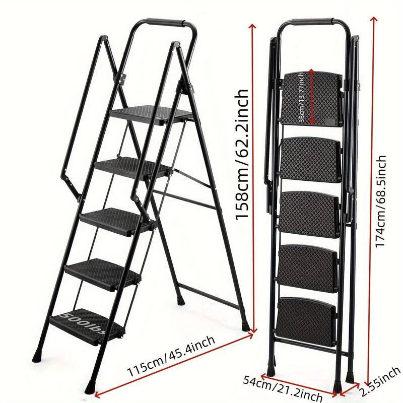 5-Step Ladder, Folding Ladder Stool, With Anti Slip Wide Pedals, Steel Ladder, With Safety Anti Slip Handle