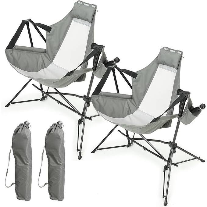 Hammock Camping Chair, Folding Portable Rocking Chair, Aluminum Alloy Adjustable Back Swinging Chair with Pillow Cup Holder