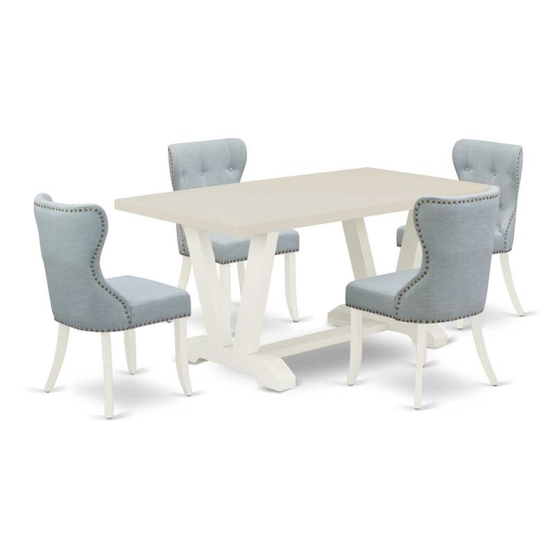HomeStock 5-Piece Rectangle Natural Oak Finish Solid Speckled Top Dining Table with 4 Baby Blue Parson Chair