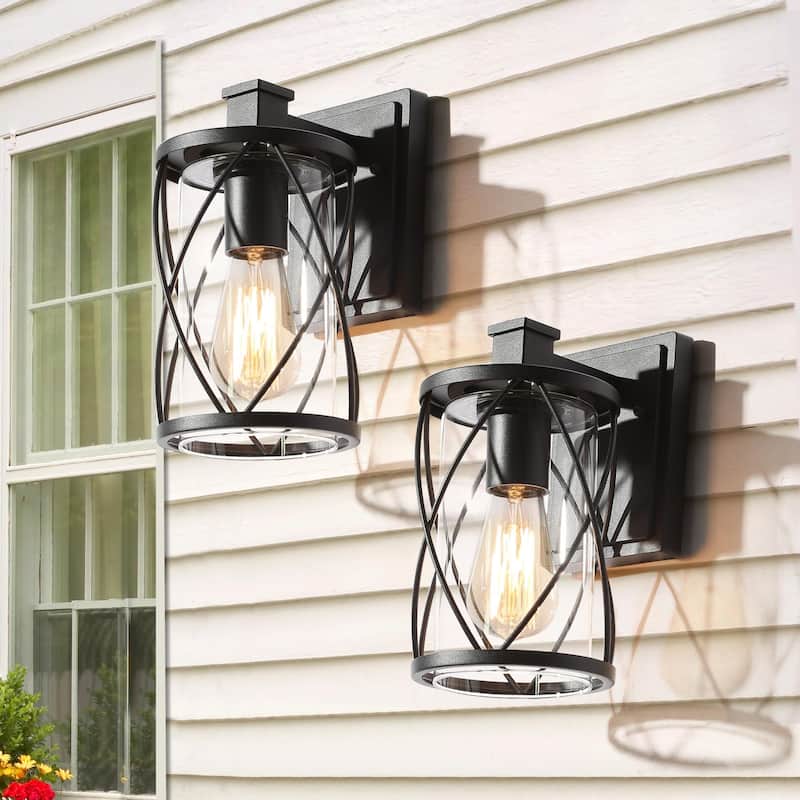 2 Pack Modern Black Indoor/Outdoor Sconce Farmhouse Cage Frame Cylinder Shade LED Patio Wall Lantern