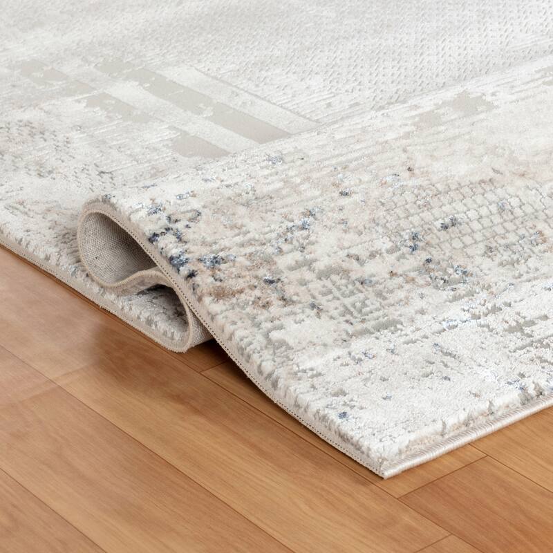 Omari Collection Cream/Blue Abstract Traditional Area Rug