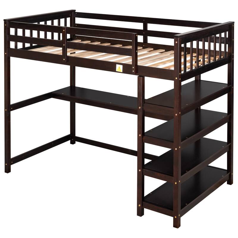 Full/Twin Size Loft Bed with Under-bed Desk & Storage Shelves, Space-Saving Design, Solid Pine Frame, No Box Spring Required