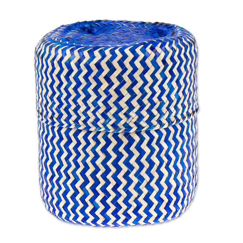 Novica Handmade Tiger In Blue Natural Fiber Basket