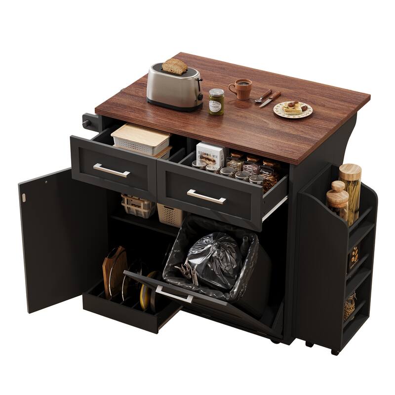 Roomfitters 47.2" Farmhouse Kitchen Island with Drop Leaf, Tilt Trash Can Cabinet, Removable Mobile Side Racks