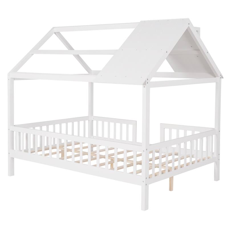 White Full Size Wooden House Bed with Fence and Roof